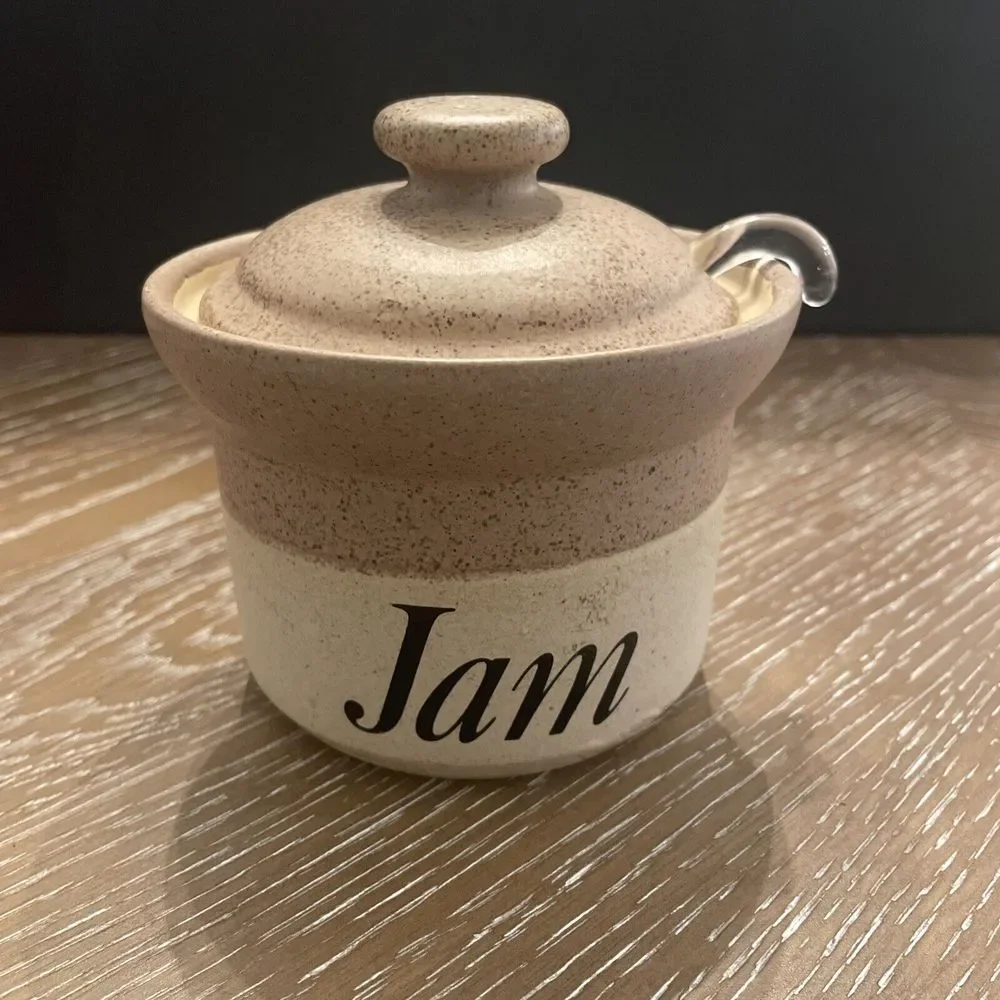 Pottery JAM Jar w/ GLASS SPOON ~ John Hermansen England Stoneware ~ Like NEW